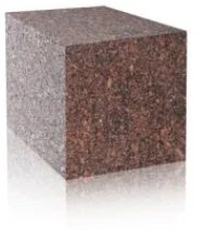 A brown granite cube on a white surface.