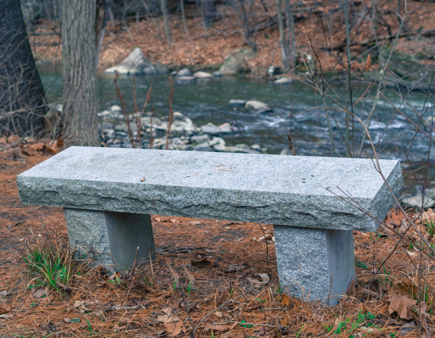 A stone bench in the woods near water.