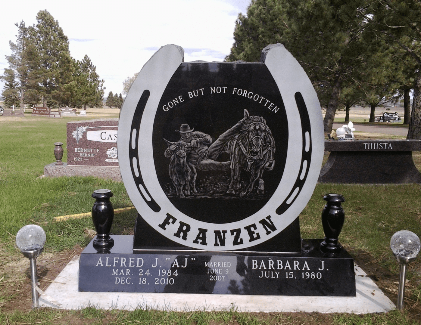 A horse and rider memorial with the name of franzen